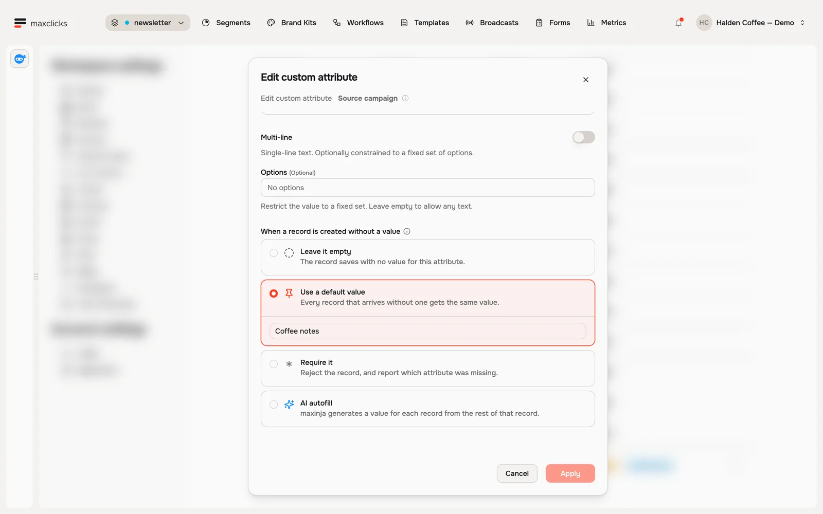 Stored attribute editor offering leave empty, default value, required and AI autofill, with Coffee notes selected as the default