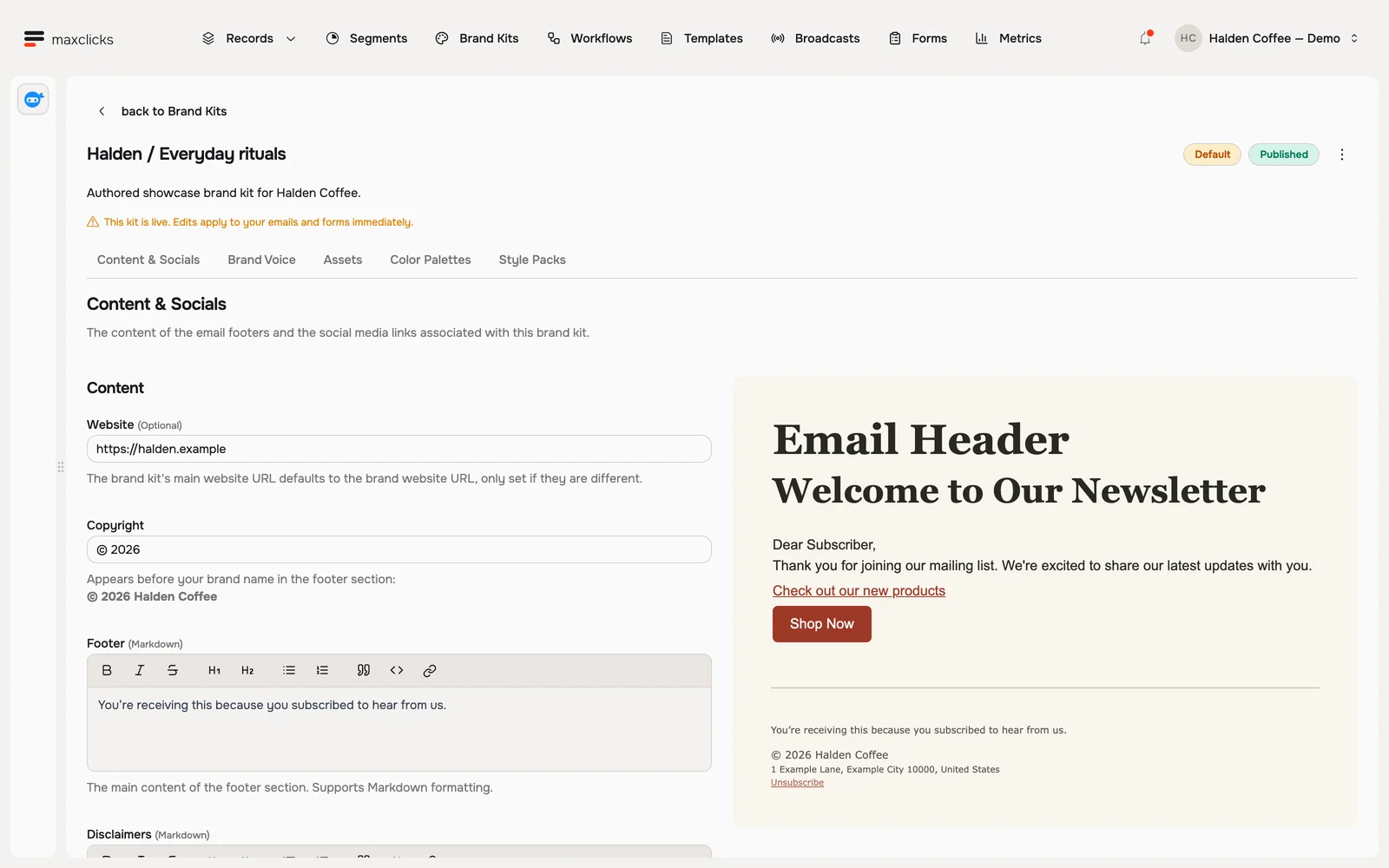 Halden brand kit Content and Socials tab with website, copyright, footer text and live sample