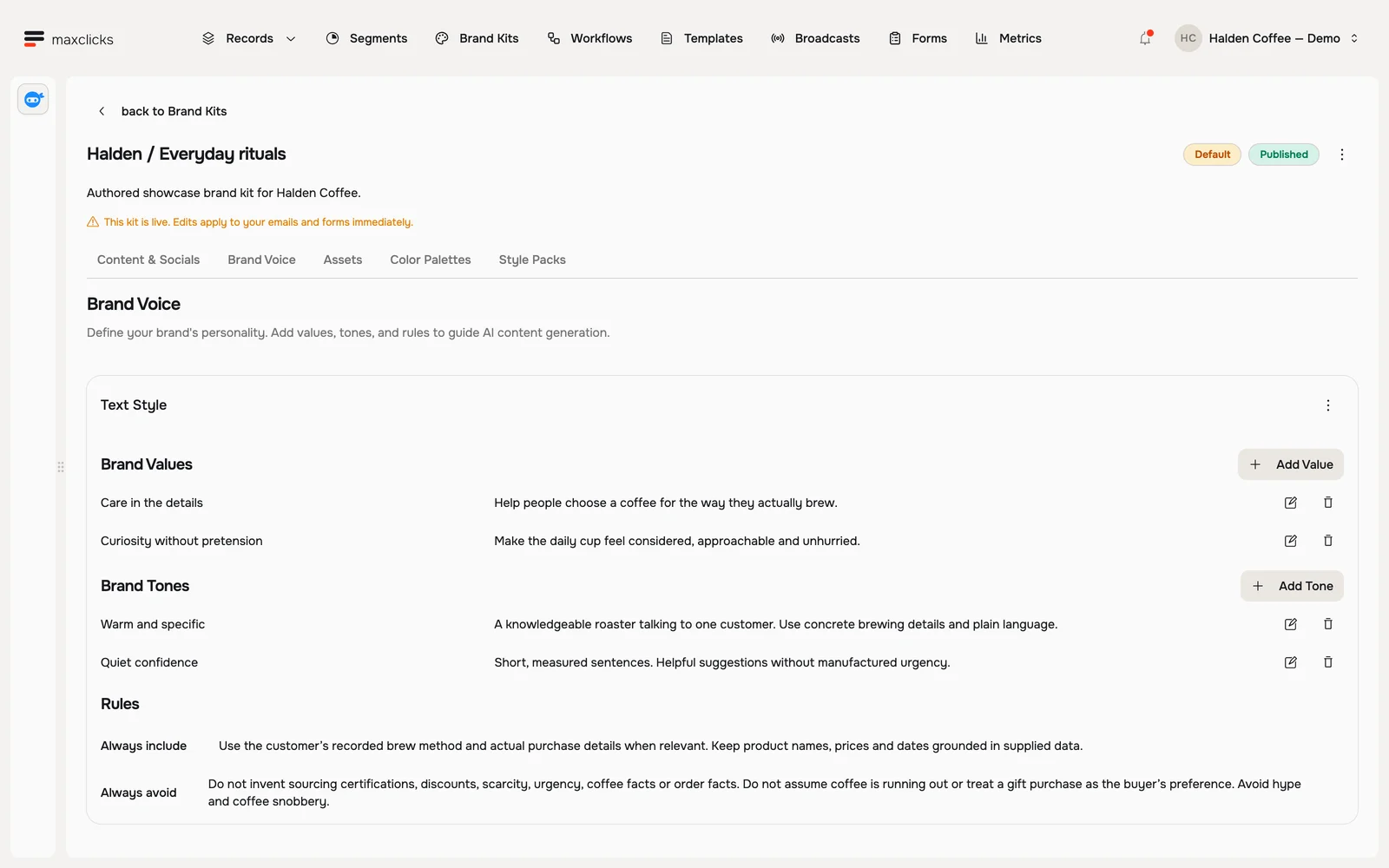 Halden brand voice settings showing values, tones and rules grounded in recorded customer data
