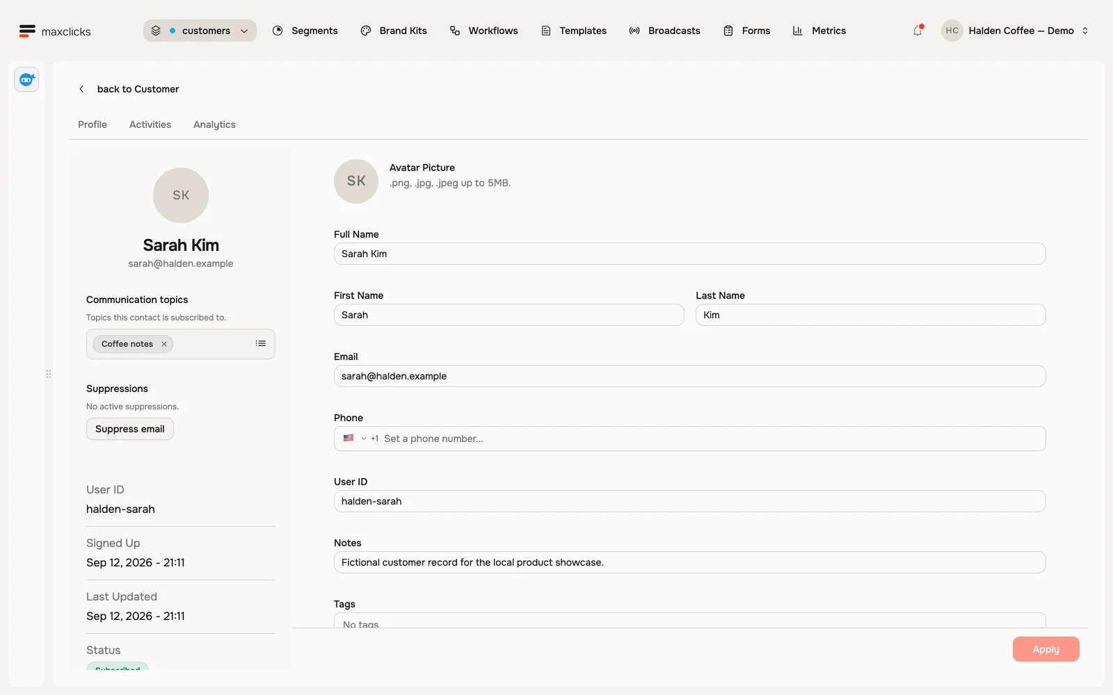 Sarah Kim contact profile with editable identity fields, communication topics and suppression controls
