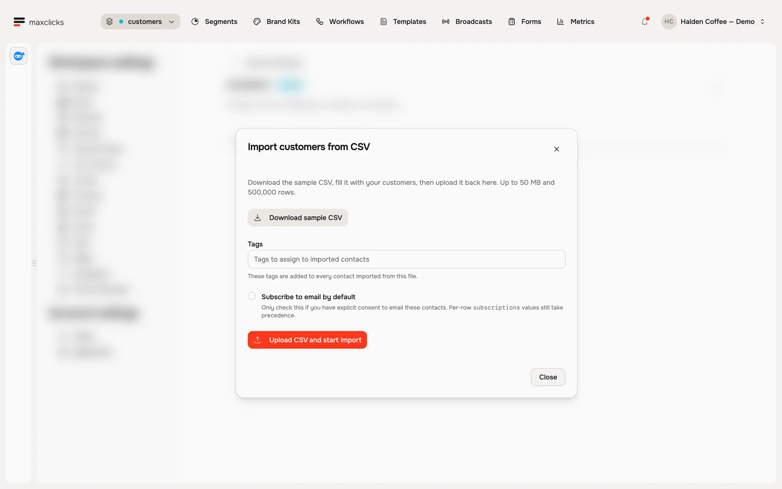 CSV import dialog with sample download, tags and explicit default email subscription checkbox