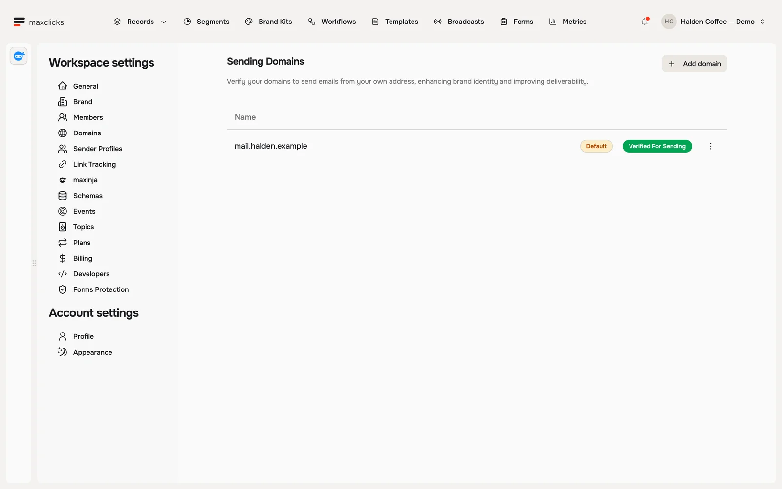 Sending Domains list with the configured fictional mail.halden.example domain