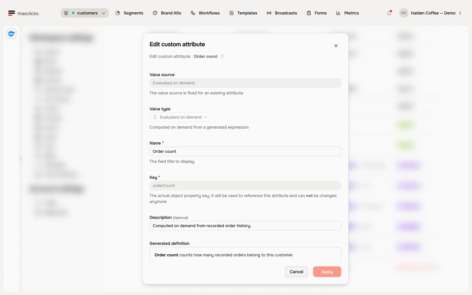 Order count attribute showing Evaluated on demand and the generated definition counting recorded customer orders