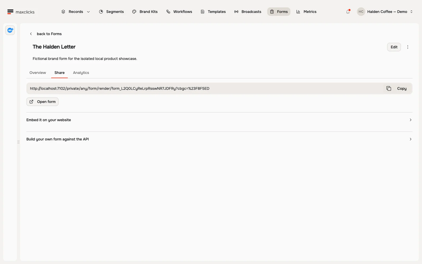 Share tab for the locally published Halden Letter form with hosted link and expandable embed and API sections