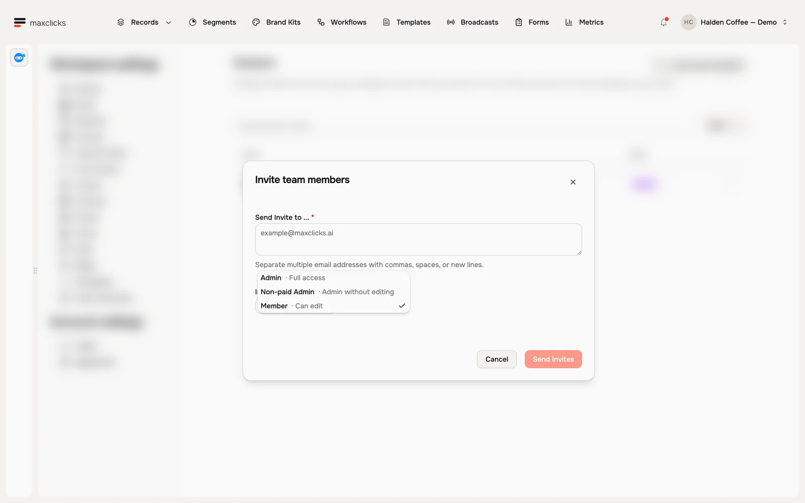 Invite team members pane with Admin, Non-paid Admin and Member roles