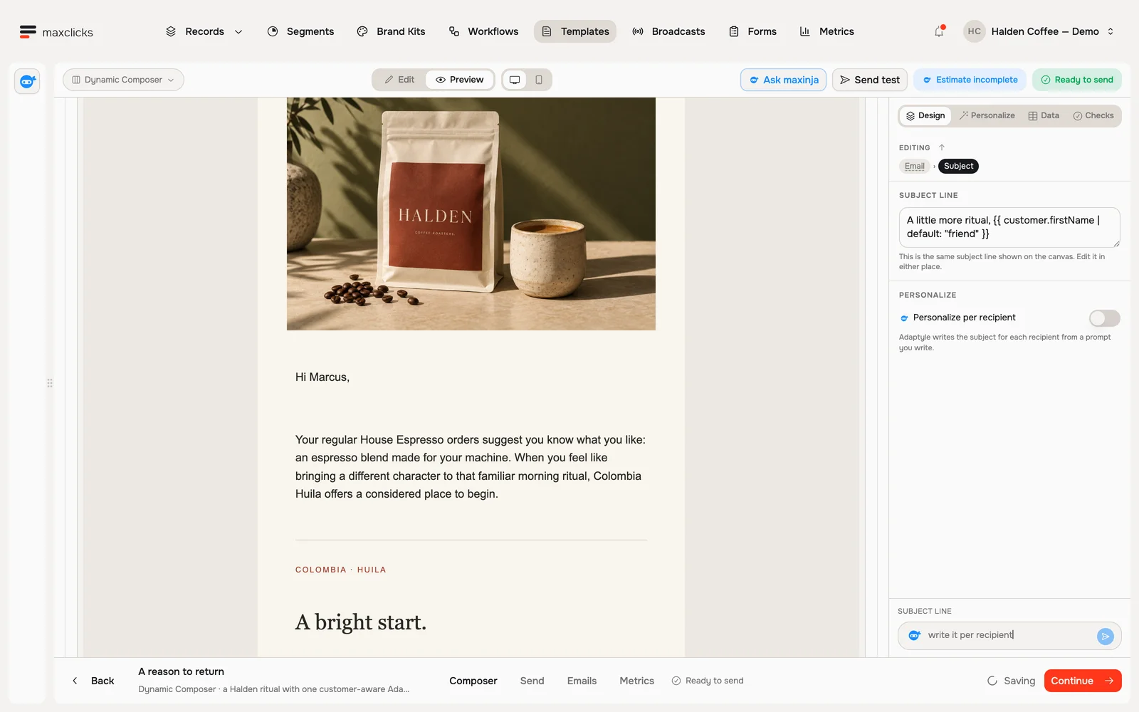 Actual personalized Halden email preview referencing Marcus’s House Espresso orders and espresso machine
