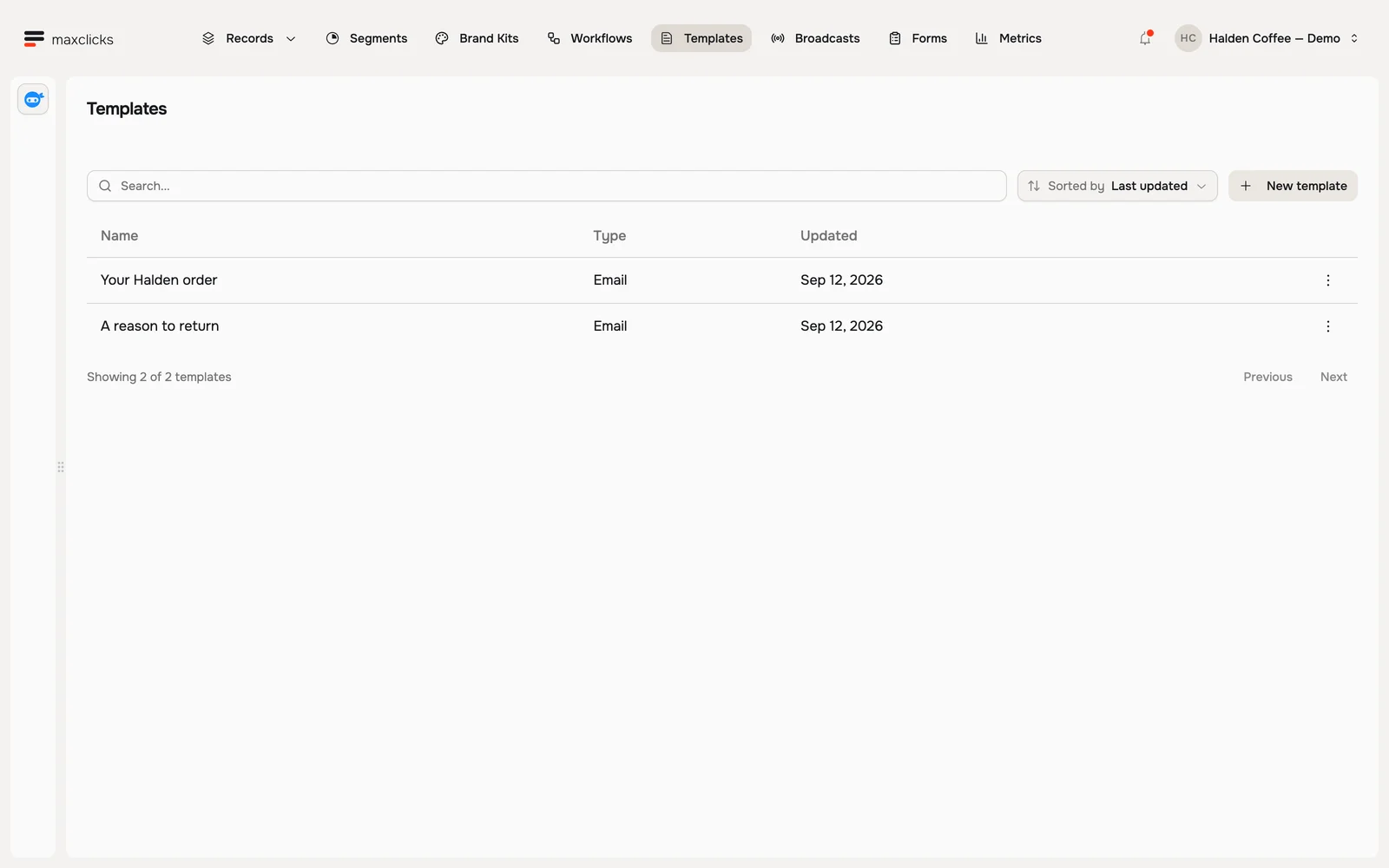 Halden template library containing a marketing email and an order confirmation