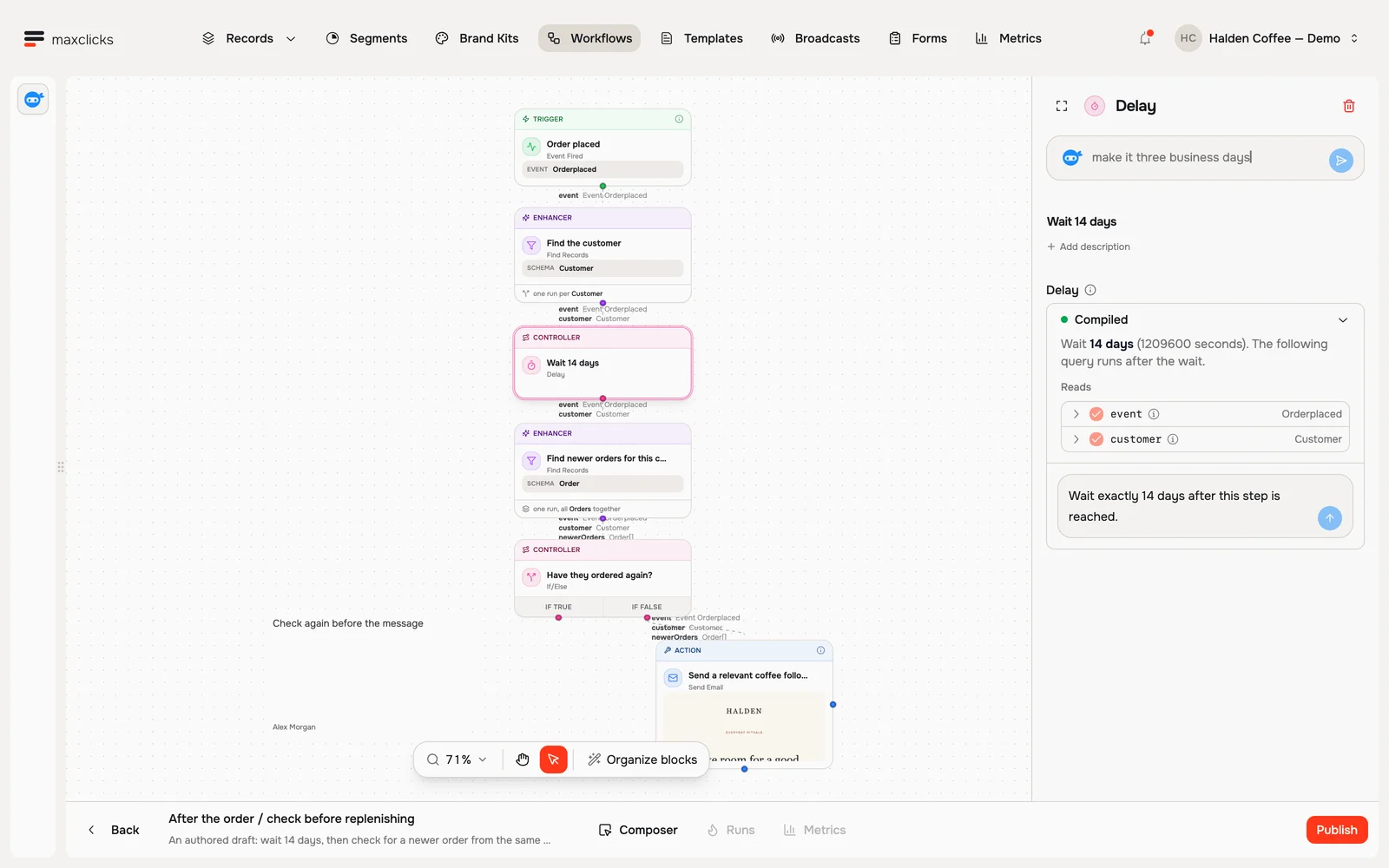 Fourteen-day Delay step with compiled description and selected event and customer inputs