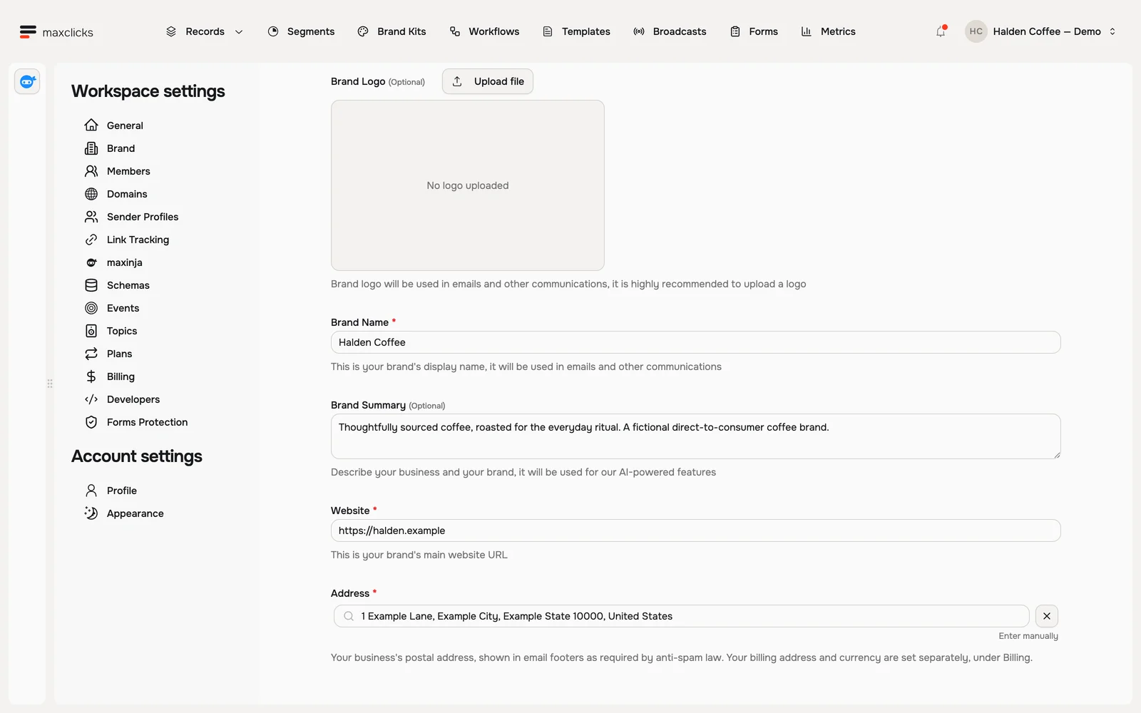 Workspace Brand settings with name, summary, website, logo upload and saved fictional address
