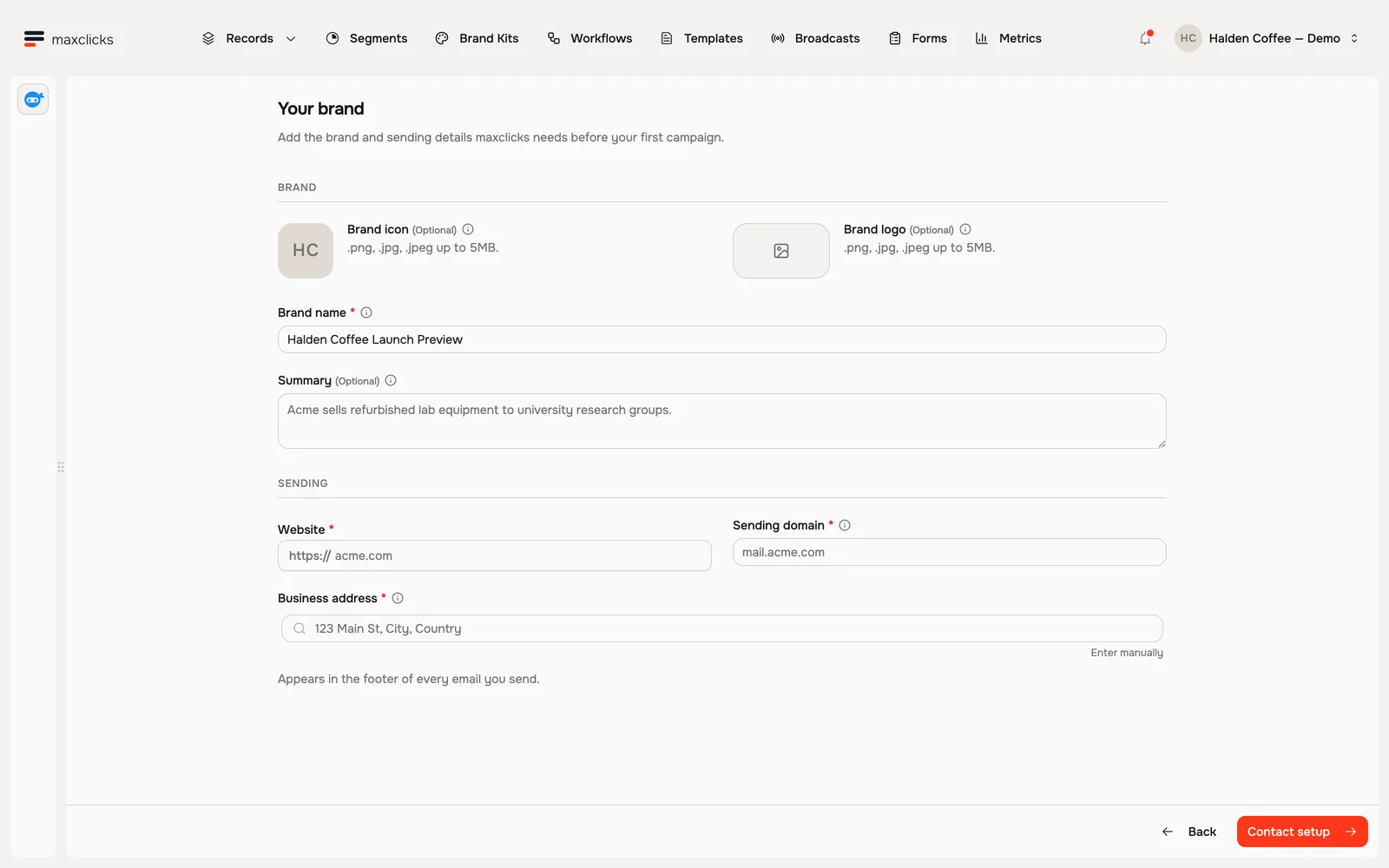 Workspace setup brand stage with name, website, sending domain, logo and business address fields