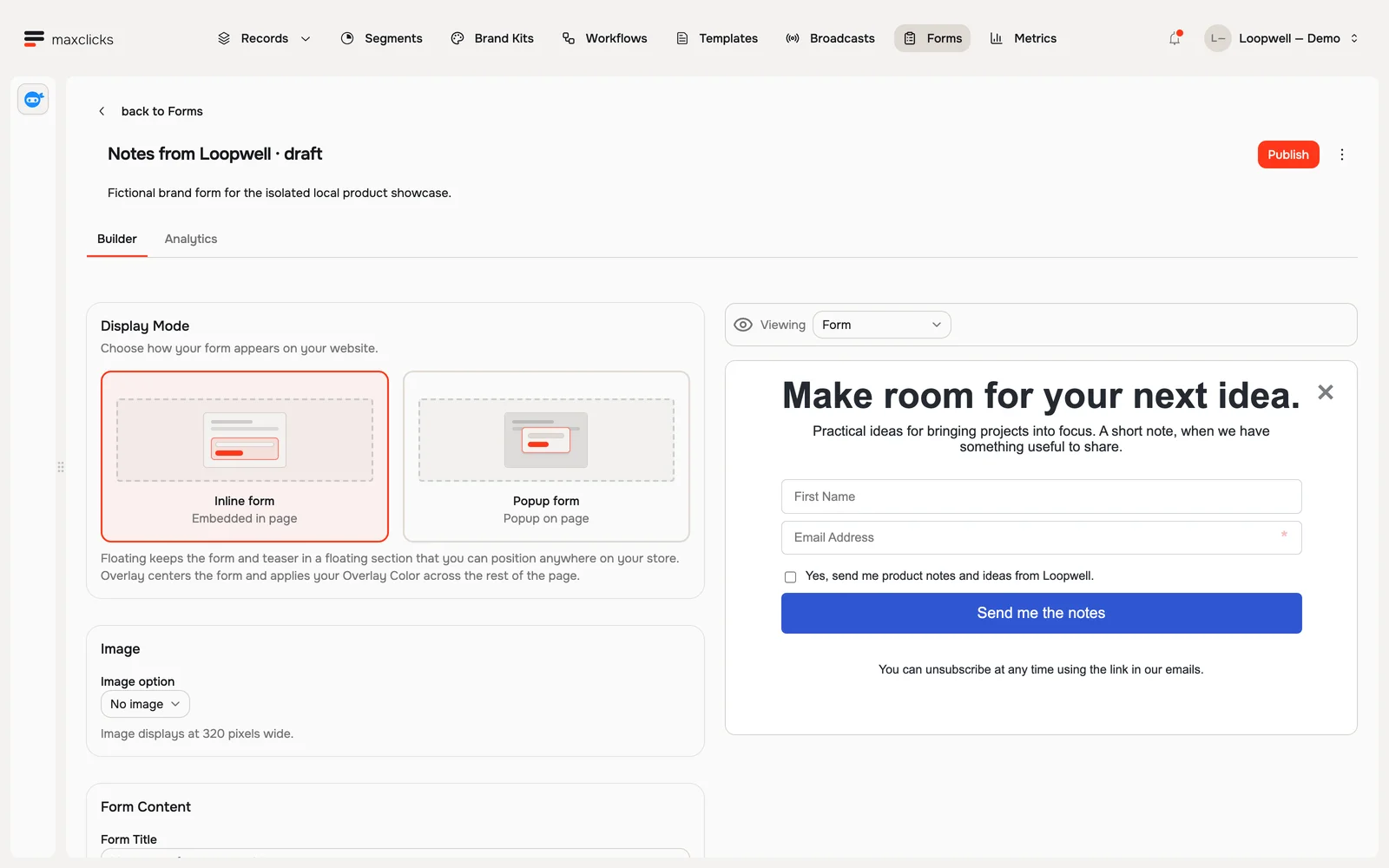 Loopwell draft form builder showing inline display and preview with first name, required email and consent checkbox