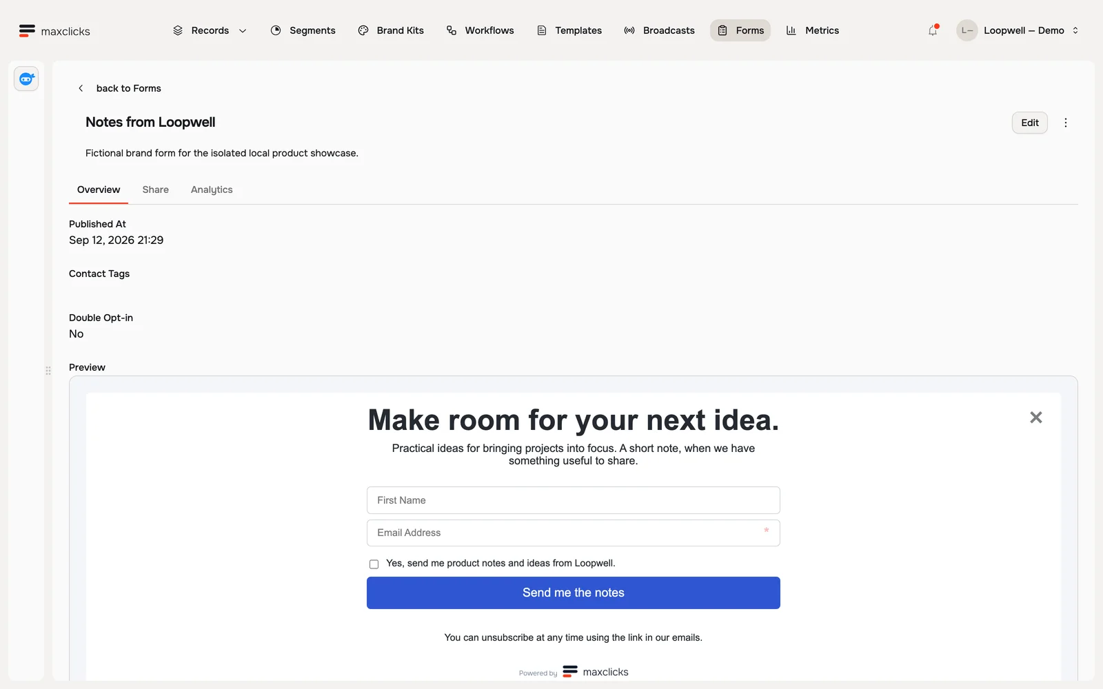 Published Loopwell form overview showing publication time, double opt-in off and actual preview