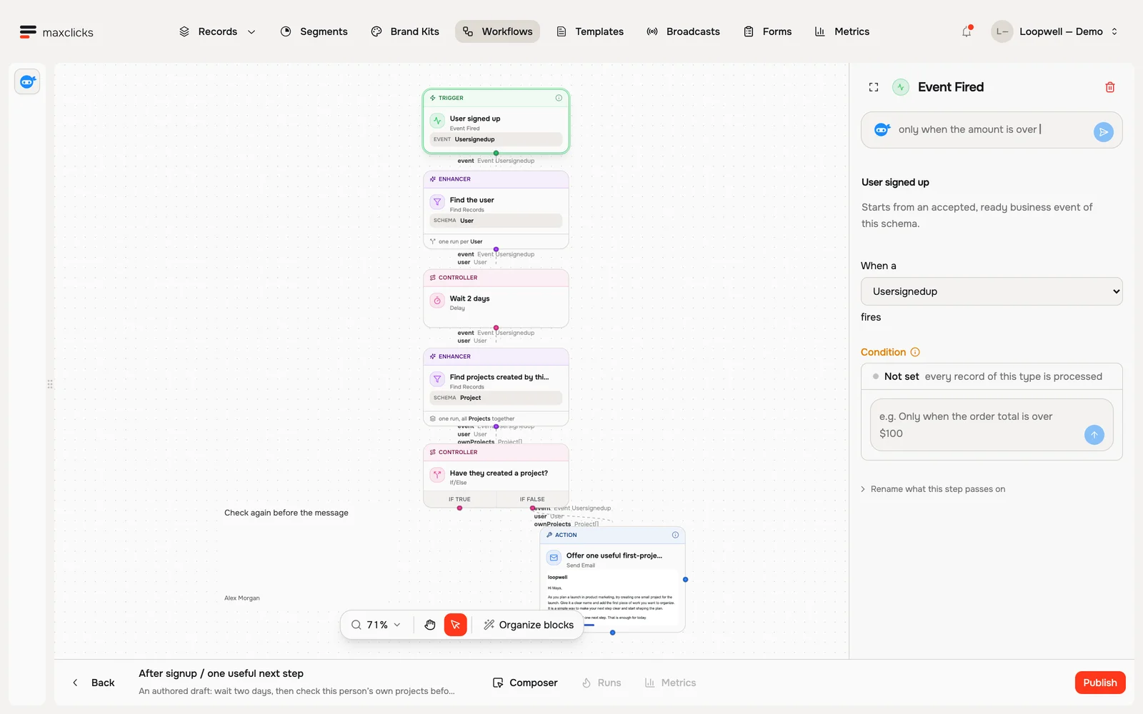 Loopwell workflow Event Fired step bound to Usersignedup with no extra trigger condition
