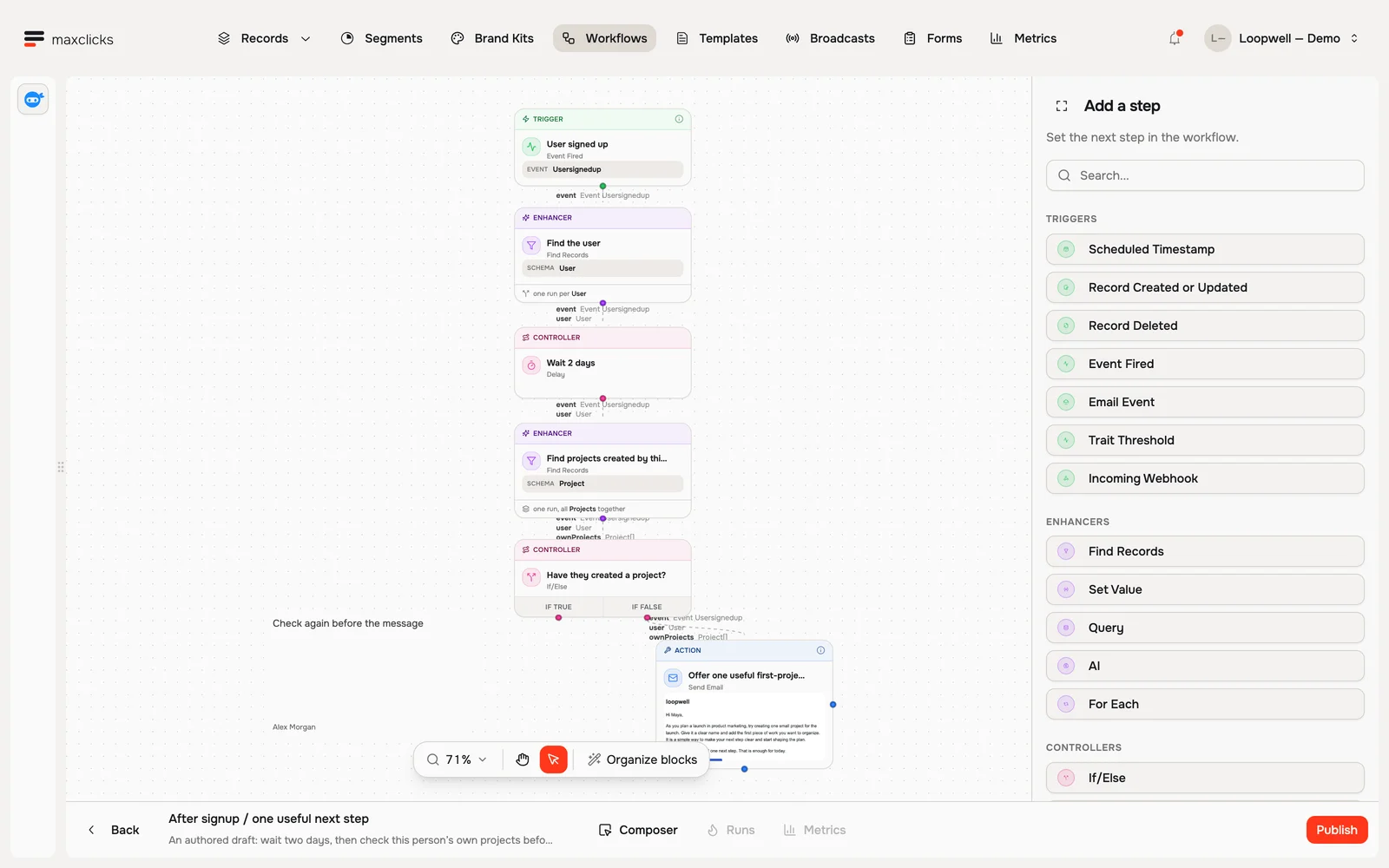 Loopwell draft workflow from signup through a two-day wait, personal project check, branch and email step